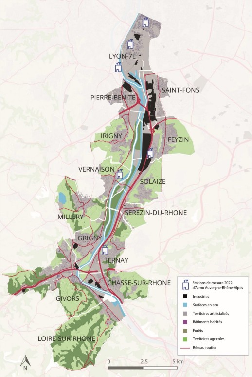 Carte Lyon Vallée de la chimie - Source : Atmo Auvergne-Rhône-Alpes