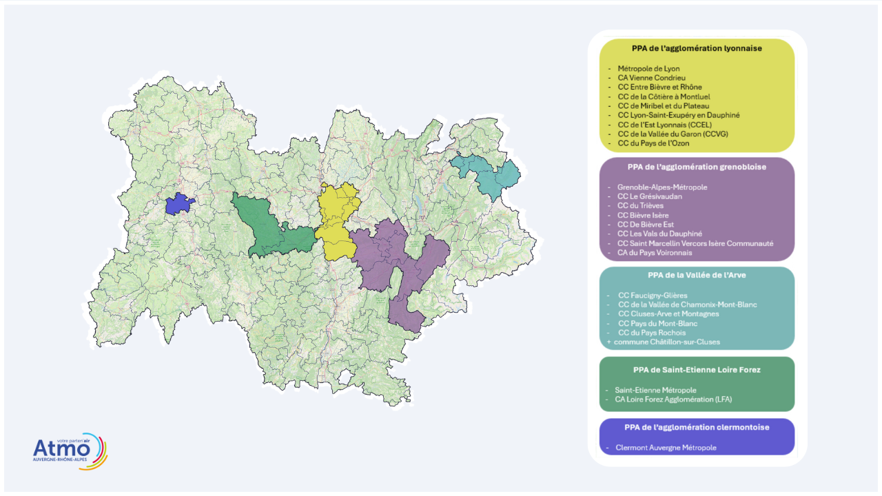 Les 5 territoires couverts par un PPA (Plan de protection de l'atmosphère) dans la région Auvergne-Rhône-Alpes