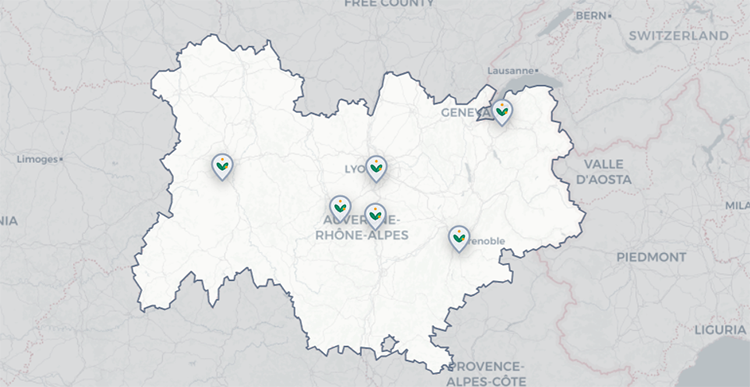 Carte des stations de mesures pollens en Auvergne-Rhône-Alpes