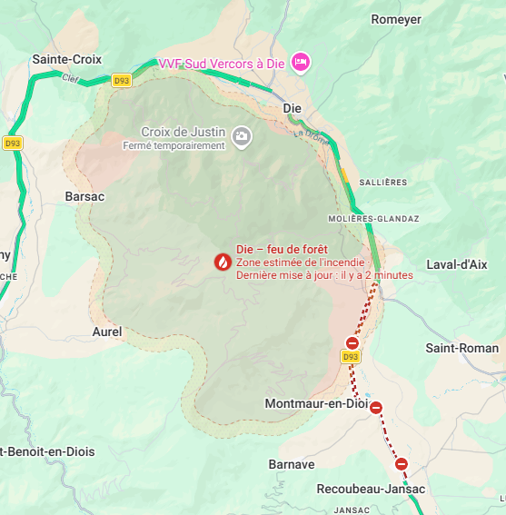 Carte Google maps du 10 juillet 2026 Incendie Die.
