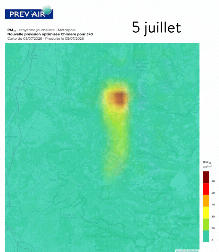 Animation Prev'Air des cartes PM10 du 9 juillet au 10 juillet  en moyenne journalière 