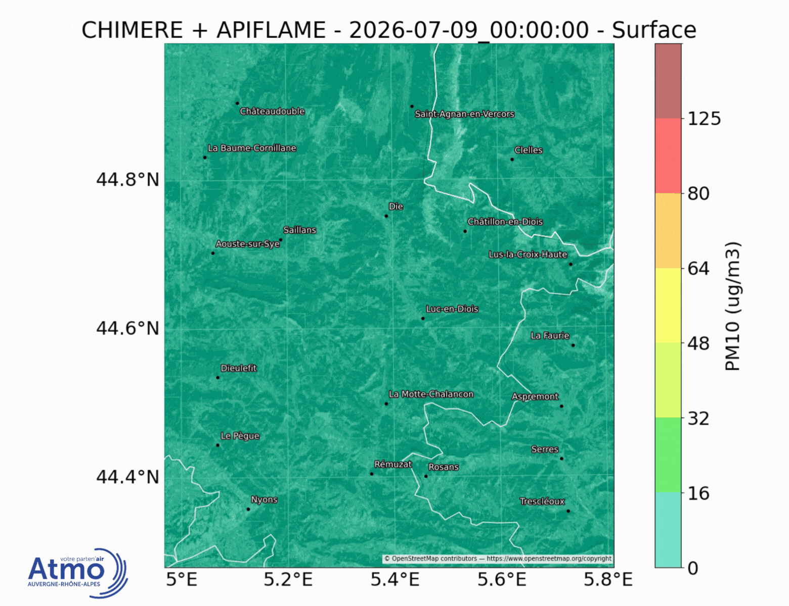 Simulation heure par heure du panache de particules APIFLAME + CHIMERE 10 juillet