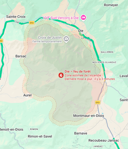 Carte de localisation de l'incendie du Diois le 9 juillet 2026