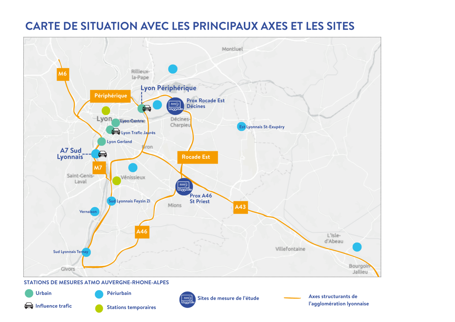 Carte des sites de l'étude de la qualité de l'air autour de l'axe A46 - Lyon