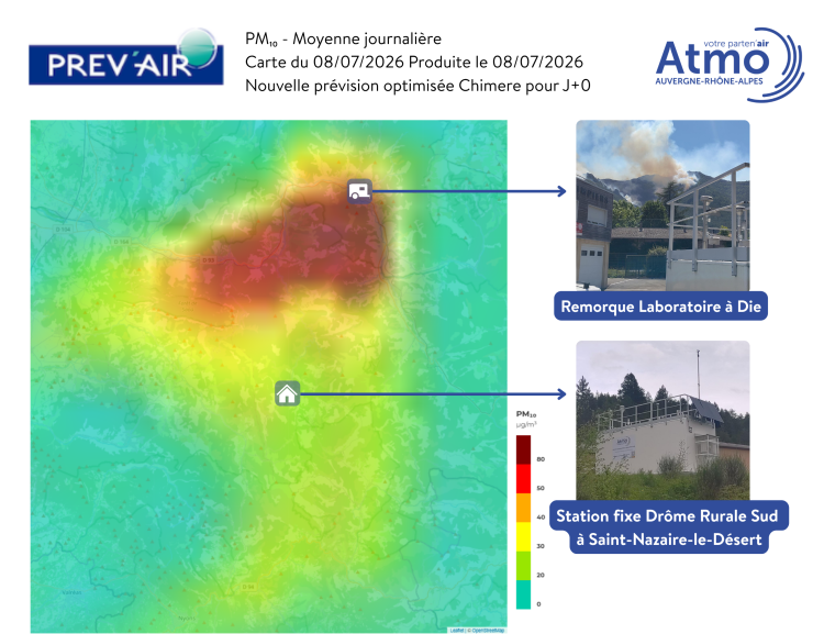 Carte de prévision Prev'Air (PM10, moyenne journalière du 8 juillet et nos moyens de mesure sur le terrain. 