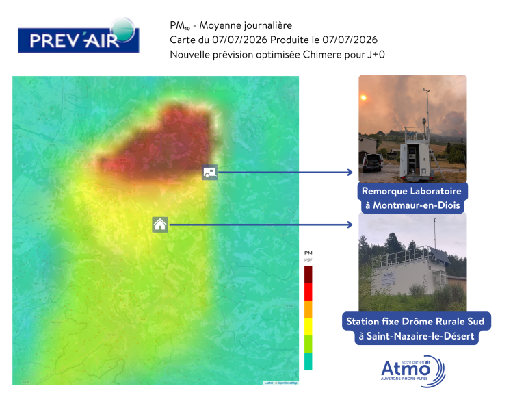 Carte de prévision Prev'Air (PM10, moyenne journalière du 7 juillet et nos moyens de mesure sur le terrain. 