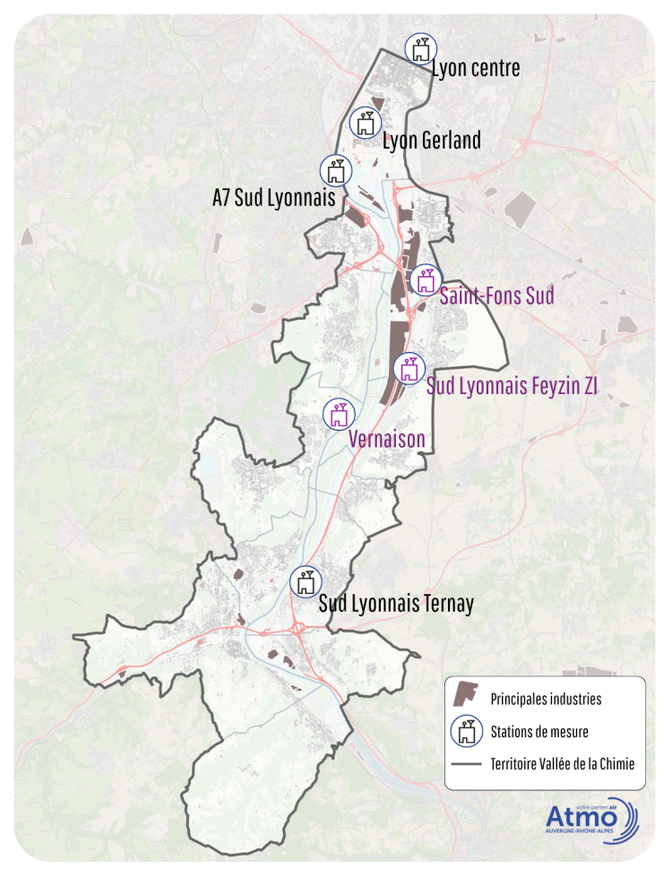 Carte des mesures sur le territoire de la Vallée de la Chimie (69)