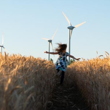 Champ de blé en été, enfant, vent et éoliennes